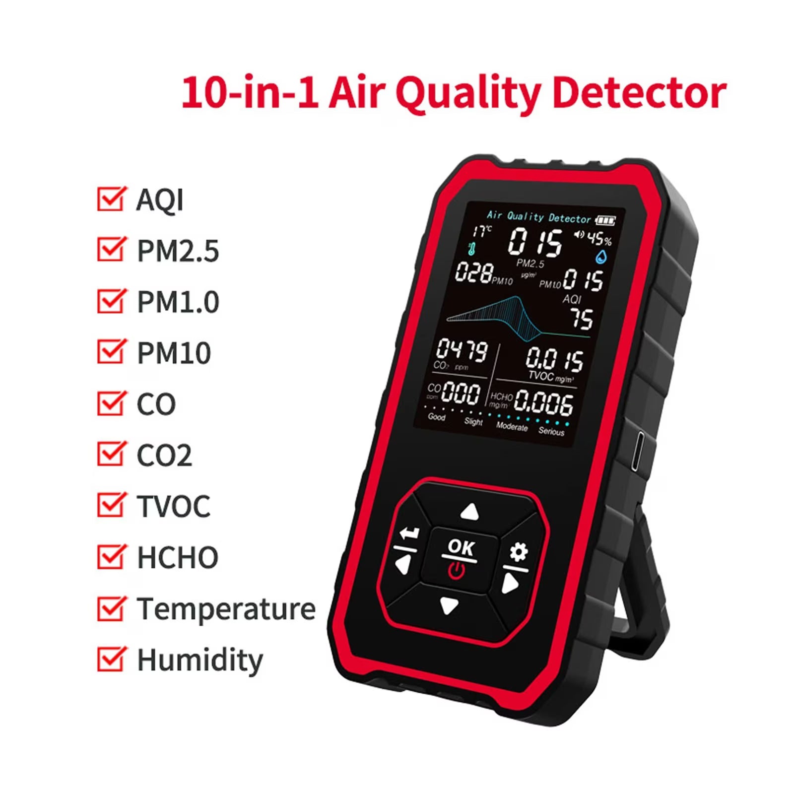 10-in-1 Indoor Air Analyzer with Stand Real-Time Test CO2 CO Pm2.5 Pm1.0 Pm10 Tvoc Hcho Temperature Humidity 2025 New