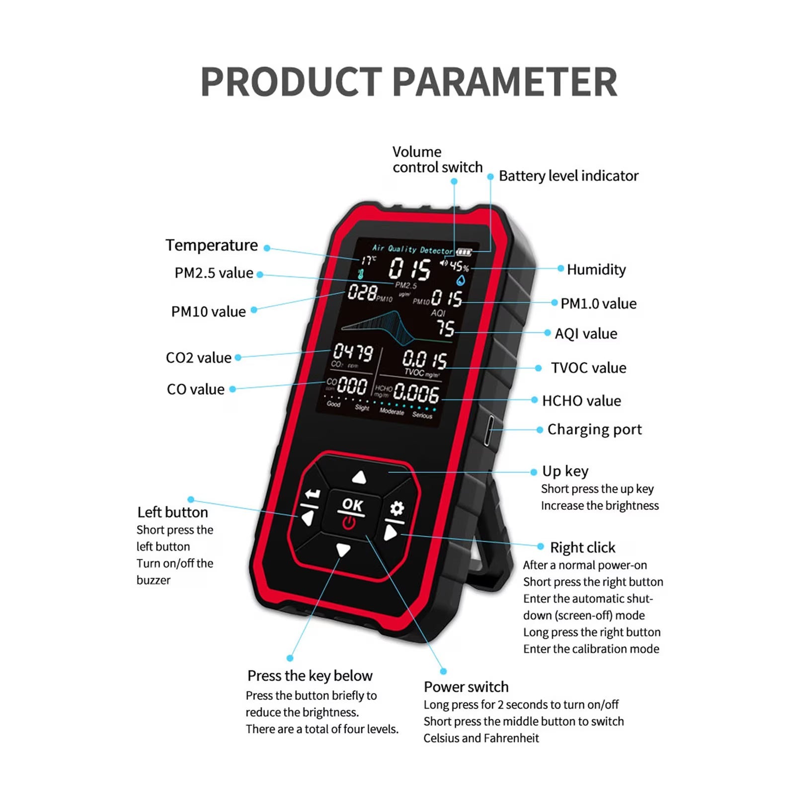 10-in-1 Indoor Air Analyzer with Stand Real-Time Test CO2 CO Pm2.5 Pm1.0 Pm10 Tvoc Hcho Temperature Humidity 2025 New