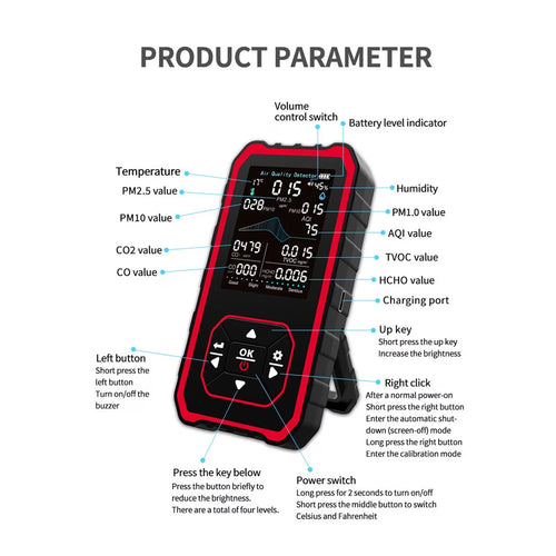10-in-1 Indoor Air Analyzer with Stand Real-Time Test CO2 CO Pm2.5 Pm1.0 Pm10 Tvoc Hcho Temperature Humidity 2025 New