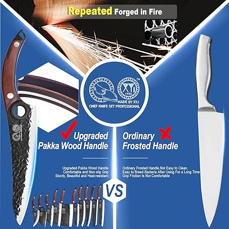 XYJ Professional Kitchen Knife Set with High-Carbon Steel Forged Blades, Chef's Knife, Cleaver, Carving Knife, Nakiri, Full Tang Design