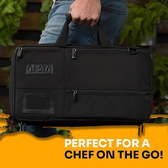 Asaya Chef Knife Bag - 28 Pockets for Knives and Kitchen Utensils - Durable Ballistic Nylon, Black Stainless Steel Hardware, Card Holder and Adjustable Shoulder Strap - Knifes not Included (Black)