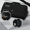 Asaya Chef Knife Bag - 28 Pockets for Knives and Kitchen Utensils - Durable Ballistic Nylon, Black Stainless Steel Hardware, Card Holder and Adjustable Shoulder Strap - Knifes not Included (Black)