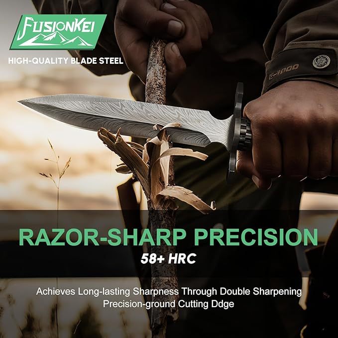 Fixed Blade Knife with Leather Sheath, Feather Survival Camping Knives D2 Steel with Green Pakkawood Handle, Full Tang Bushcraft for Outdoor Use