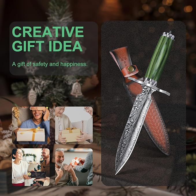 Fixed Blade Knife with Leather Sheath, Feather Survival Camping Knives D2 Steel with Green Pakkawood Handle, Full Tang Bushcraft for Outdoor Use