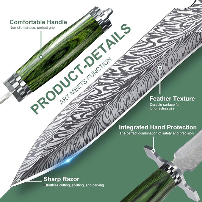 Fixed Blade Knife with Leather Sheath, Feather Survival Camping Knives D2 Steel with Green Pakkawood Handle, Full Tang Bushcraft for Outdoor Use