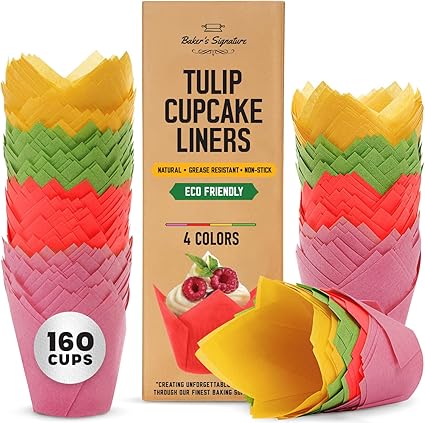 Tulip Cupcake Liners, Muffin Liners for Baking by Baker’s Signature – 160pcs of Parchment Paper Cups Cupcake Wrappers – Perfect Size, Sturdy, Greaseproof & Easy to Use – Colorful