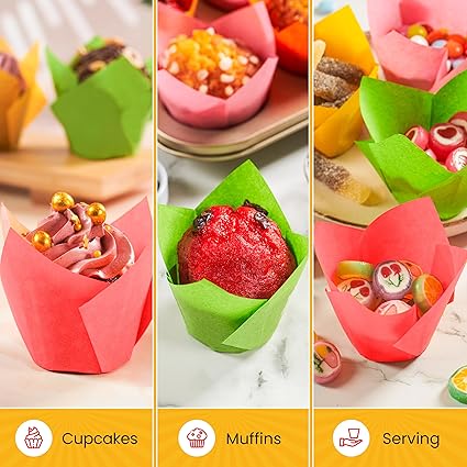 Tulip Cupcake Liners, Muffin Liners for Baking by Baker’s Signature – 160pcs of Parchment Paper Cups Cupcake Wrappers – Perfect Size, Sturdy, Greaseproof & Easy to Use – Colorful