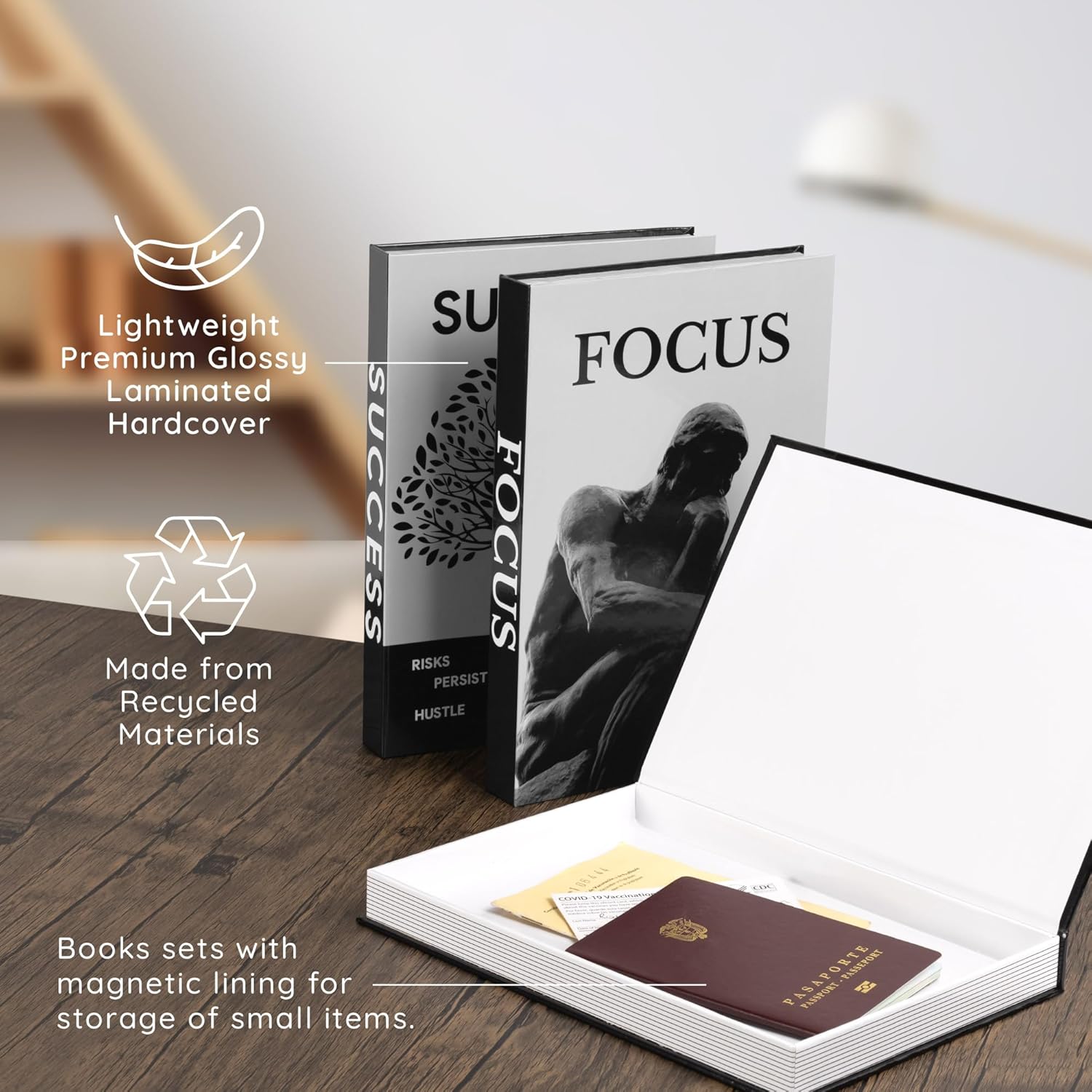 Motivational Desk Décor Set of 3 Decorative Books for Modern Home Office Decor Shelf Aesthetic Black & White Faux/Fake Books for Decoration Minimalist Book Box for Coffee Table Bookshelf TV Stand