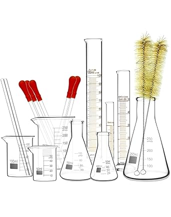 QWORK Lab Glassware Set, Quality Borosilicate Glass Beaker Flask Cylinder Set, Heat Resistant, Ideal for Laboratories and School Science Experiments