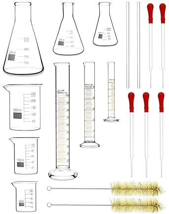 QWORK Lab Glassware Set, Quality Borosilicate Glass Beaker Flask Cylinder Set, Heat Resistant, Ideal for Laboratories and School Science Experiments