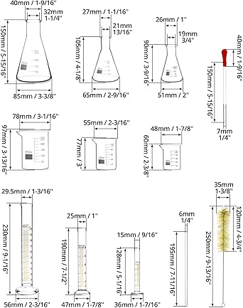 QWORK Lab Glassware Set, Quality Borosilicate Glass Beaker Flask Cylinder Set, Heat Resistant, Ideal for Laboratories and School Science Experiments