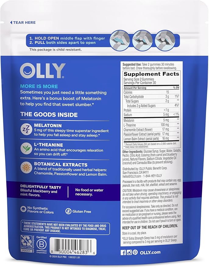 OLLY Extra Strength Sleep, 5 mg Melatonin L-Theanine, Chamomile and Botanicals - 60ct Pouch