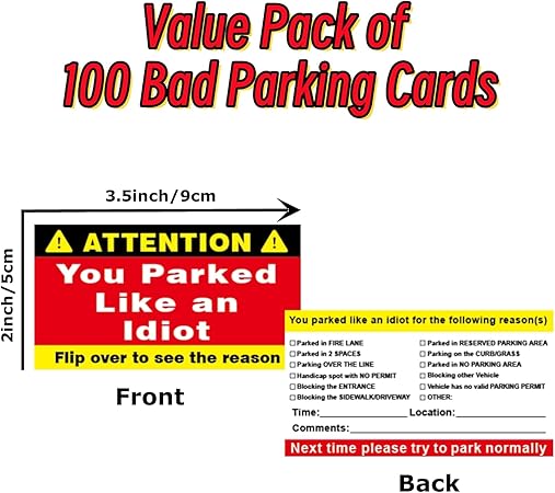 Bad Parking Cards, 50Pcs You Parked Like An Idiot Cards, 3.5"x2" Learn to Park Cards with Multi Reasons for Bad Parking, Funny Car Accessories...