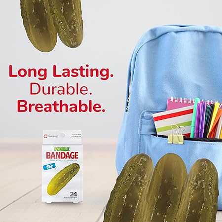 BioSwiss Bandages, Pickle Shaped Self Adhesive Bandage, Latex Free Sterile Wound Care, Fun First Aid Kit Supplies for Kids, 24 Count