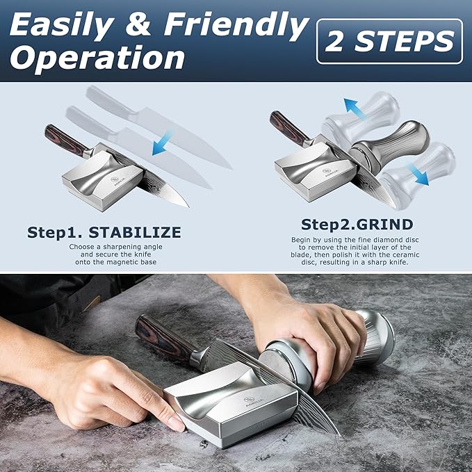 Rolling Knife Sharpener for Straight Edges - Premium Sharpening Kit for all Knife Set - 360 & 600 Diamond - 1000 & 3000 Discs for All Hardness Levels - Gripable Aluminum Body, 4 Angles
