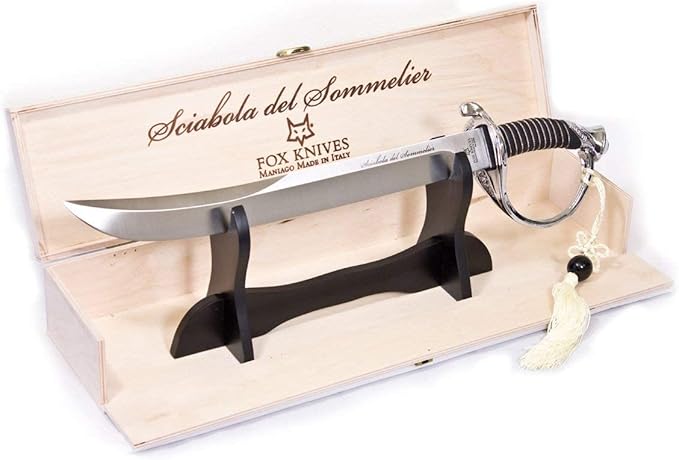 Fox Knives Maniago Italy Sciabola del Sommelier Saber Champagne Sabre, Stainless Steel Blade, Nickel Finish, Wooden Display Box - Wine Knife Bottle Opener