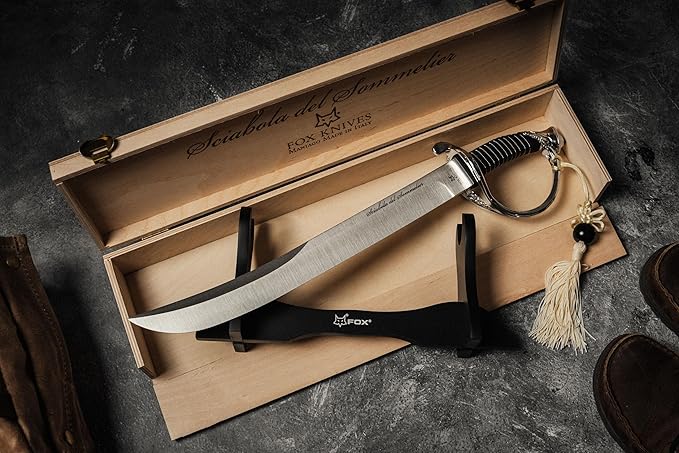 Fox Knives Maniago Italy Sciabola del Sommelier Saber Champagne Sabre, Stainless Steel Blade, Nickel Finish, Wooden Display Box - Wine Knife Bottle Opener