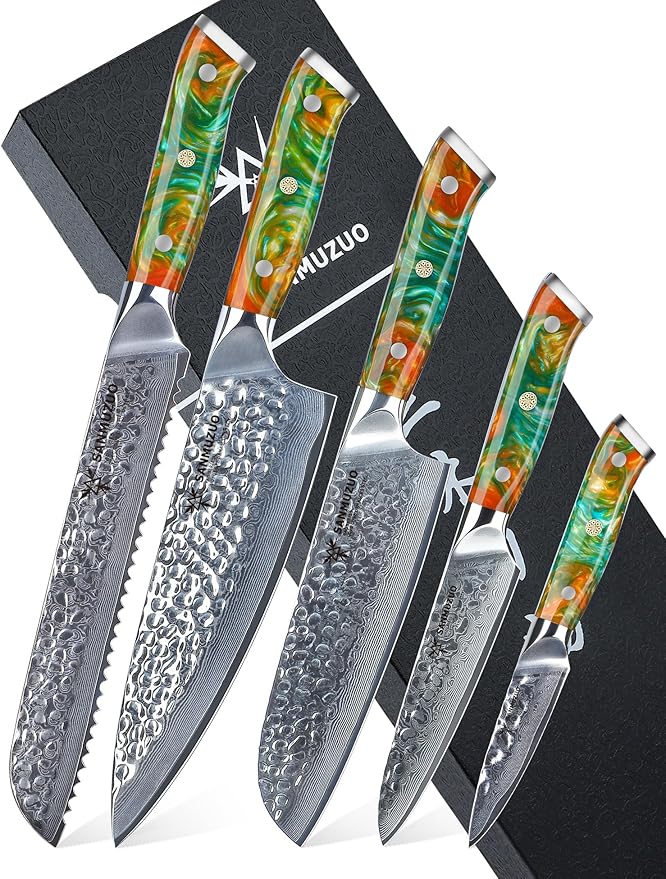 Kitchen Cooking Knife Set - 5 Pieces Chef Knives- Forged Damascus Steel & Resin Handle - Yao Seriesascus Steel & Resin Handle - Xuan Series (Sapphire Blue)