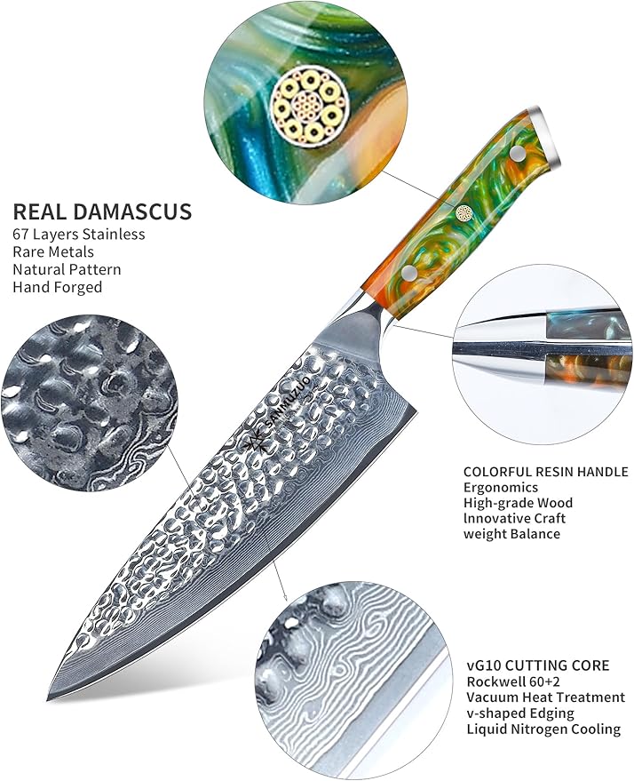 Kitchen Cooking Knife Set - 5 Pieces Chef Knives- Forged Damascus Steel & Resin Handle - Yao Seriesascus Steel & Resin Handle - Xuan Series (Sapphire Blue)