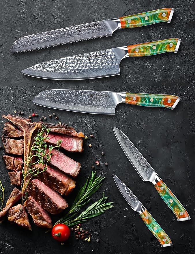 Kitchen Cooking Knife Set - 5 Pieces Chef Knives- Forged Damascus Steel & Resin Handle - Yao Seriesascus Steel & Resin Handle - Xuan Series (Sapphire Blue)