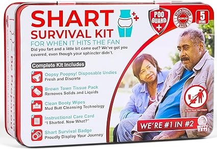 Funny Shart Survival Kit by Witty Yeti. Ultimate Poop Prank Gag Gift Set Contains Wet Wipes, Disposable Underwear, Tissues and Hilarious Badge. Novelty Fart Potty Pack Great for Friends or Family