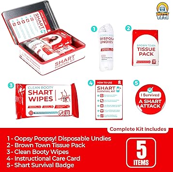 Funny Shart Survival Kit by Witty Yeti. Ultimate Poop Prank Gag Gift Set Contains Wet Wipes, Disposable Underwear, Tissues and Hilarious Badge. Novelty Fart Potty Pack Great for Friends or Family