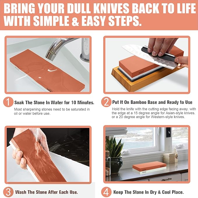 Knife Sharpening Stone Set, Professional Whetstone 4 Side Grit 400/1000 3000/8000, Whetstone Knife Sharpener Stone Set Include Non-slip Base, Leather Strop, Flattening Stone & Angle Guide