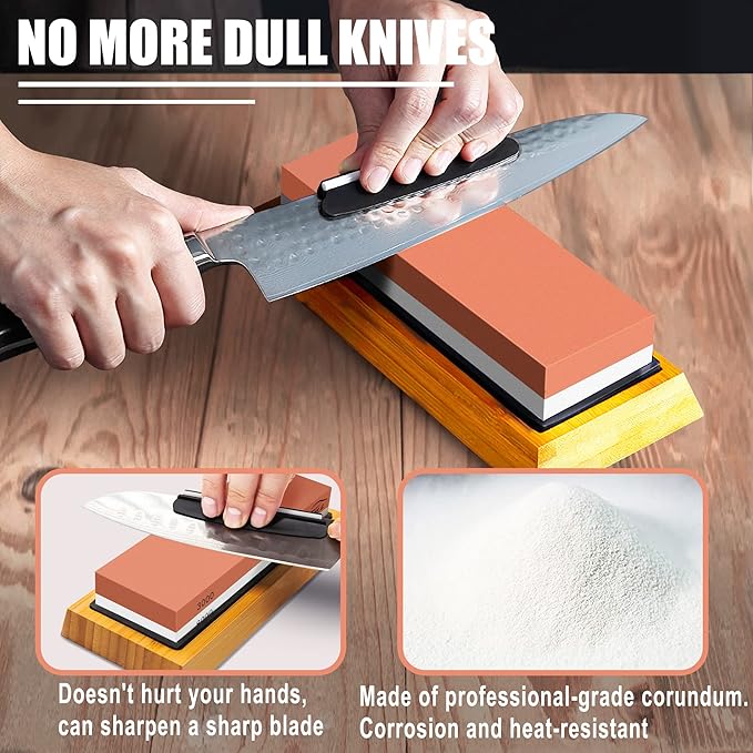 Knife Sharpening Stone Set, Professional Whetstone 4 Side Grit 400/1000 3000/8000, Whetstone Knife Sharpener Stone Set Include Non-slip Base, Leather Strop, Flattening Stone & Angle Guide