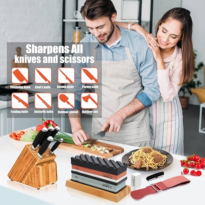 Knife Sharpening Stone Set, Professional Whetstone 4 Side Grit 400/1000 3000/8000, Whetstone Knife Sharpener Stone Set Include Non-slip Base, Leather Strop, Flattening Stone & Angle Guide